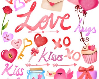 Watercolor Valentine's Day Clipart | Digital Instant Download PNG Files, Love Clip Art, Valentine's Printables, Romantic, Scrapbooking