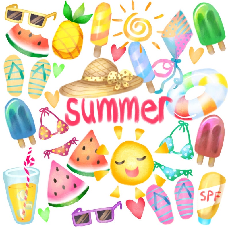 May include: A watercolor illustration of summer themed items, including a watermelon, a pineapple, a sun, a hat, flip flops, a swimsuit, ice cream, a life preserver, sunglasses, and a bottle of sunscreen. The word "Summer" is written in pink letters.