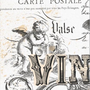 Pode incluir: Uma ilustra&ccedil;&atilde;o em preto e branco de um querubim segurando uma c&acirc;mera vintage com a palavra "Valse" e o texto "CARTE POSTALE" acima do querubim. O texto "VIN" est&aacute; em letras grandes abaixo do querubim.