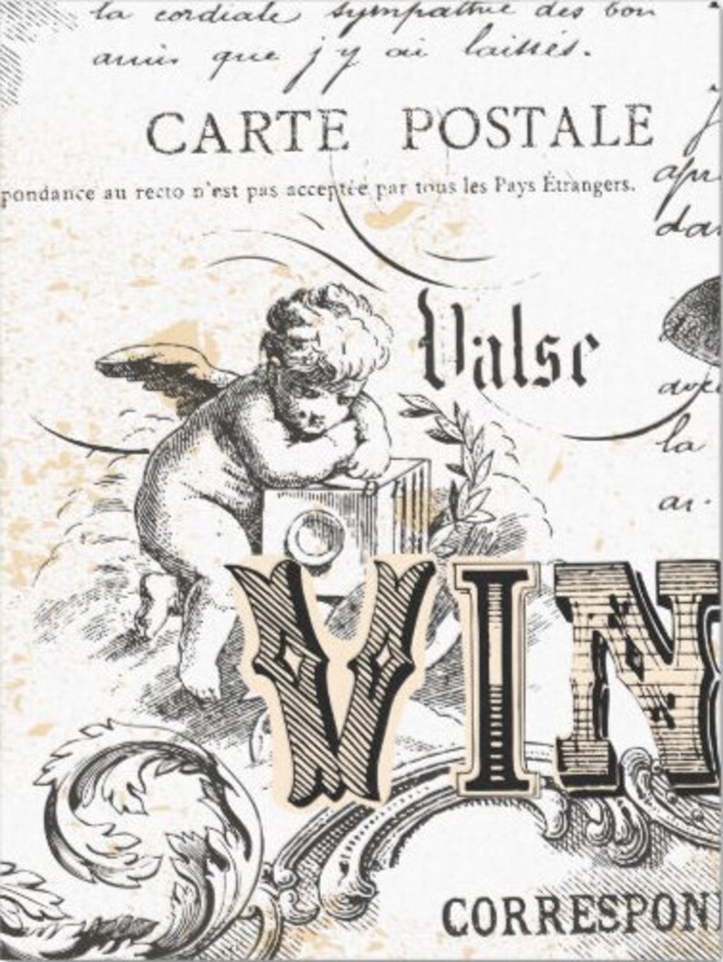 Pode incluir: Uma ilustra&ccedil;&atilde;o em preto e branco de um querubim segurando uma c&acirc;mera vintage com a palavra "Valse" e o texto "CARTE POSTALE" acima do querubim. O texto "VIN" est&aacute; em letras grandes abaixo do querubim.