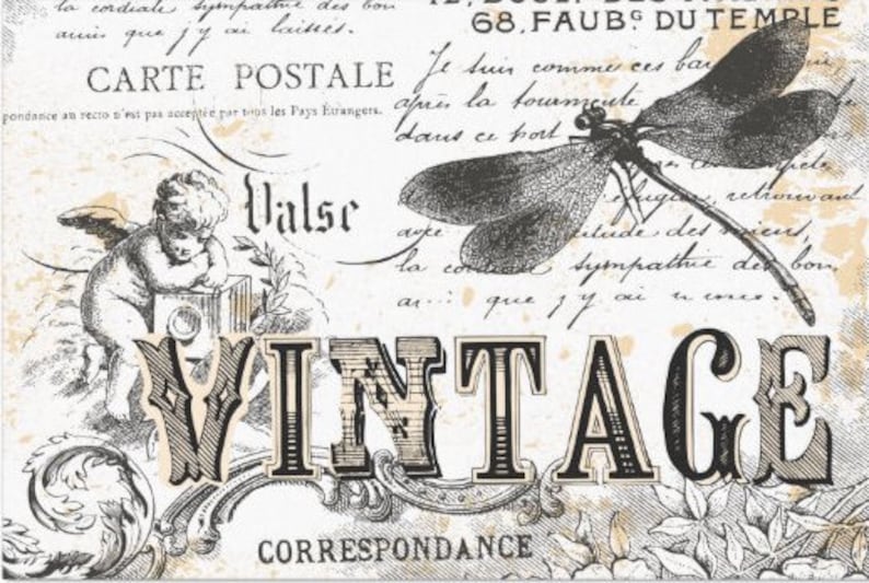 Pode incluir: Imagem de estilo vintage com uma lib&eacute;lula em preto e branco, um querubim segurando um livro e a palavra "VINTAGE" em uma fonte decorativa. A imagem tem um aspecto desbotado e antigo e inclui o texto "CARTE POSTALE" e "CORRESPONDANCE".