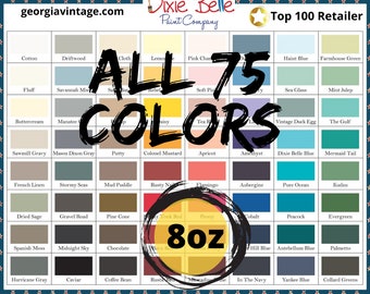 May include: A chart of 75 paint colors from Dixie Belle Paint Company. The colors are arranged in a grid and labeled with their names. The chart also includes the text "All 75 Colors" and "8oz".