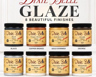 May include: Eight jars of Dixie Belle Glaze in various colors including black, copper bronze, gold shimmer, grunge, hi ho silver, pearlescent, van dyke brown, and whitewash. Each jar is 8 fl oz (237 ml) and features a black screw-top lid.