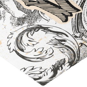 Pode incluir: Ilustra&ccedil;&atilde;o vintage em preto e branco de um desenho floral com fundo desgastado.