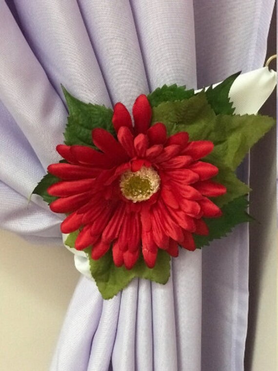 Red Gerbera Daisy Curtain Tie Backs Red Flower Curtain Etsy