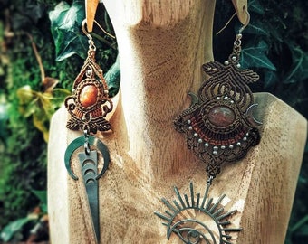 Boucle d'oreille micro macramé pierre soleil, earring  sunstone