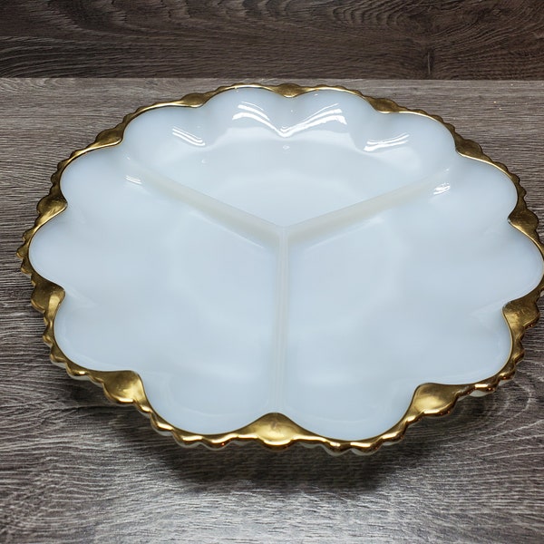 Vintage 10" Anchor Hocking Fire King Golden Anniversary 3-Part Relish Dish/Tray/Mid Century Modern/Mothers Day/Milk Glass/Farmhouse Deco