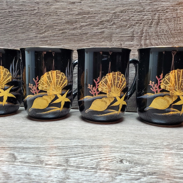 Set of 4 Vintage Otagiri Black and Gold Coffee Cups/Mugs/Espresso Mug/1980s/Sea Treasures/Seashell/Starfish/Scallop/Japan/Salt Life/Beach