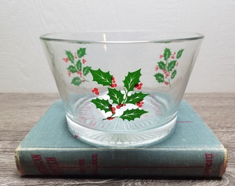 Vintage Christmas Ice Bucket/Glass Bowl with Holly Berry/Christmas Party Decor/Holiday Barware/Christmas/Winter Serving Dish