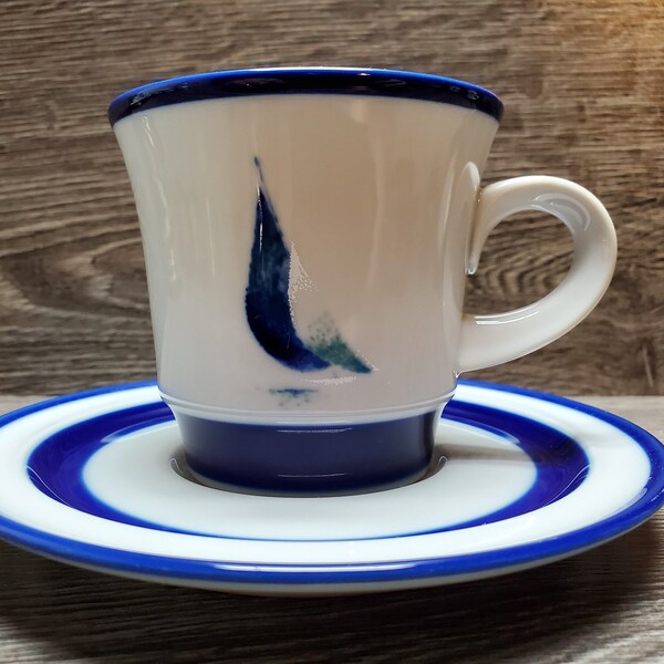 Vintage Noritake Running Free Flat Cup with Saucer/Fjord/Mug/Tea Coffee/Sailboat/Salt Life Beach House/Sea Blue/1970s/Japan/