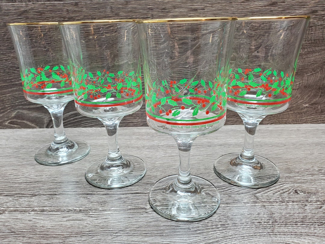 Set of 4 Vintage Arby's Holly & Berry Christmas Water Goblets/winter Holiday Glasses With Gold