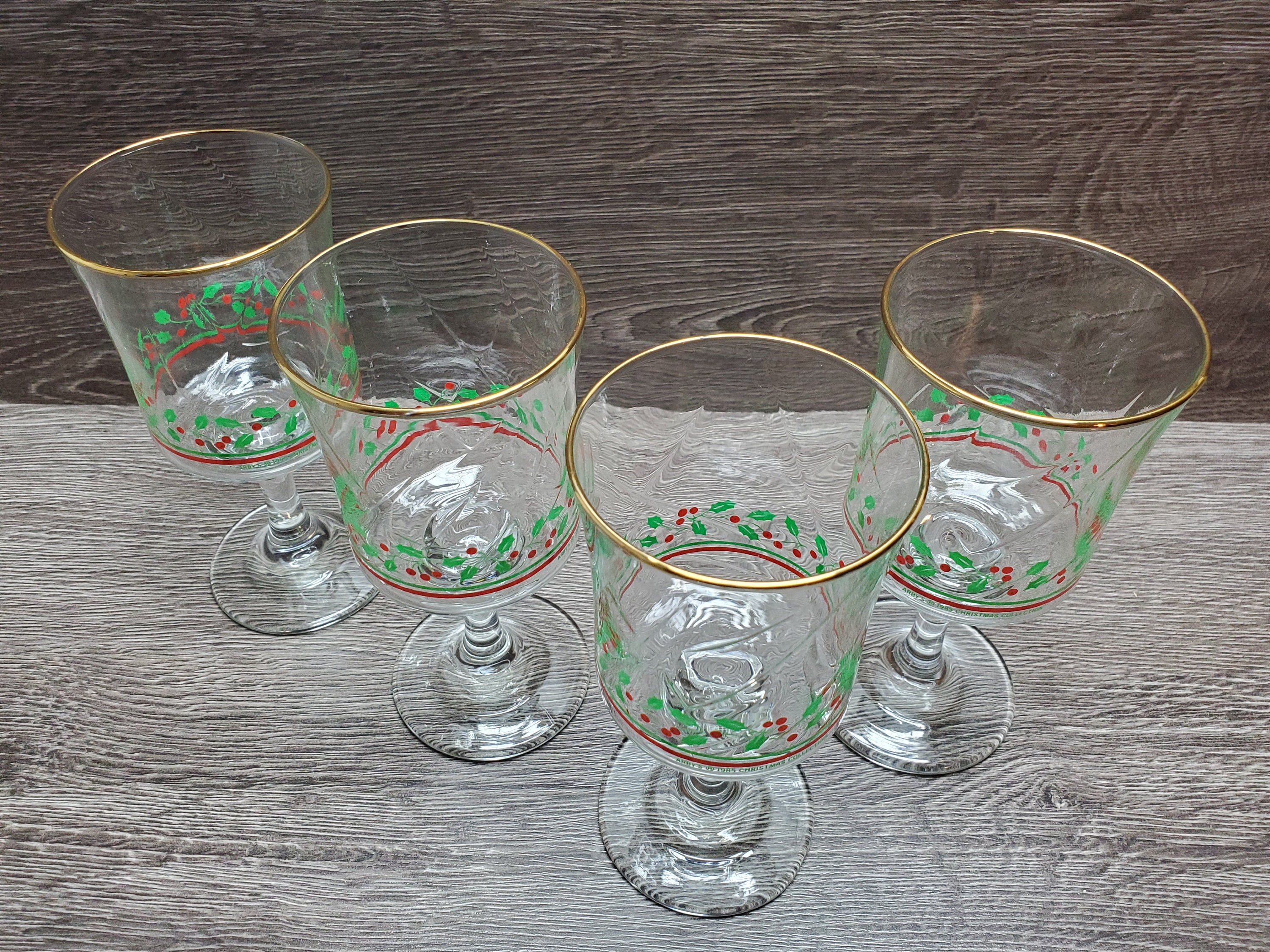 VTG Arby's Berry Set Of (4) 4 Eggnog Holiday Glasses With Gold Tone Accent  Rims