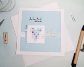 Greeting card for the birth - From the belly in the middle of the heart- Baby card square light blue with purple romper