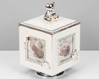 Personalised Baby Silver Plated Rotating Photo Frame & Musical Keepsake Box - Christening New Born Baby Gift