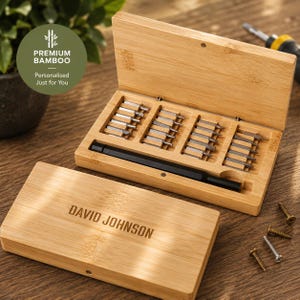 Personalised Bamboo Screwdriver Set – 25 Piece Engraved Tool Kit Gift for Him, Dad, Grandad, DIY Lover, Father’s Day Gift