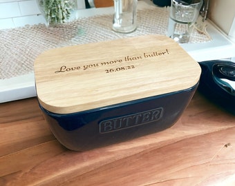 Personalised Ceramic And Oak Blue Butter Dish - Engraved Kitchen New Home Gift