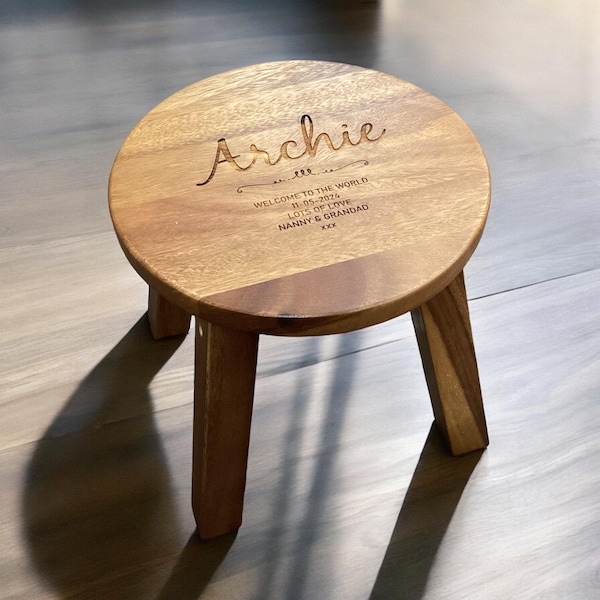 Personalised Solid Acacia Wood Round Children's  Stool - Engraved Toddler Christening Gift