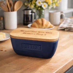 Personalised Ceramic And Oak Blue Butter Dish - Engraved Kitchen New Home Gift