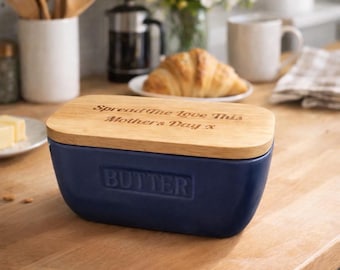 Personalised Ceramic And Oak Blue Butter Dish - Engraved Kitchen New Home Gift