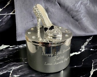 Personalised Small High Heel Crystal Shoe Jewellery/Trinket box - Perfect Mothers Day, Wedding, Anniversary, Birthday Engraved Gift