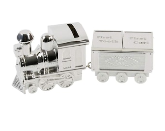Personalised Silver Plated Train Money Box/First Tooth & Curl Carriage - Christening Baptism New Born Baby Gift - Engraved Name and Message