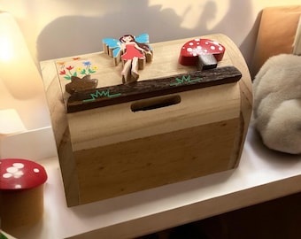 Personalised Wooden Fairy Money Box for Children – Custom Name Gift, Girls Birthday or Christening Keepsake, Handcrafted