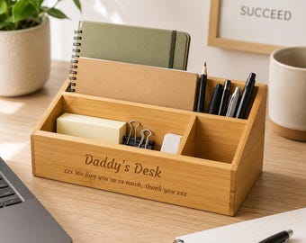 Personalised Bamboo Desk Tidy – Engraved Tablet & Pen Holder • Eco Office Organiser