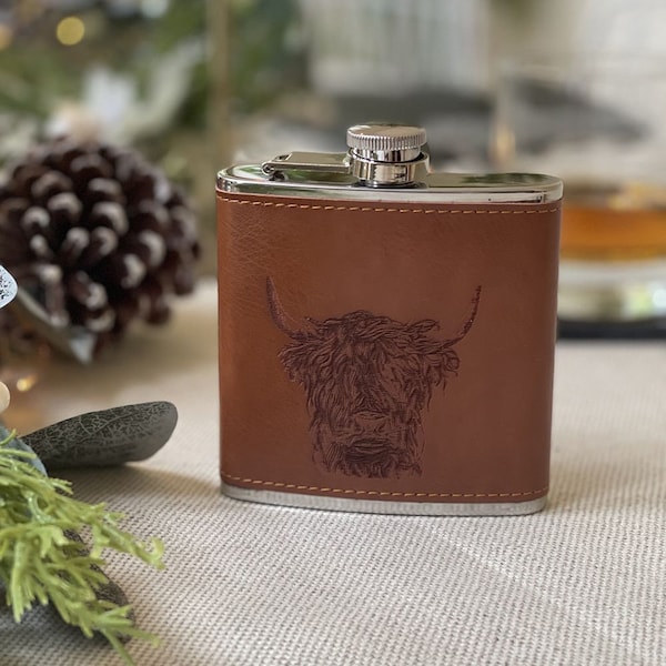 Highland Cow Design Leather 6oz Hip Flask- Wedding Birthday Fathers Day Groomsmen Best Man Gift