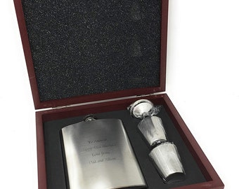 Personalised Large 8oz Stainless Steel Hip Flask Gift Set In A lovely Rustic Presentation Box- Birthday Fathers Day Groomsmen Best Man Gift