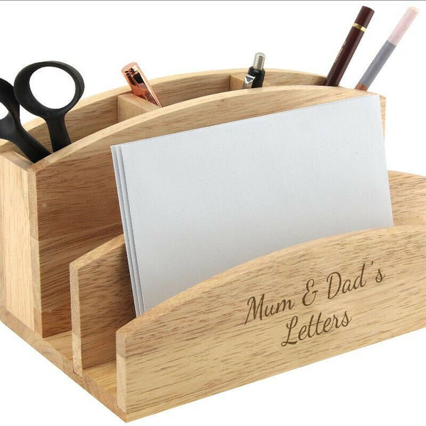 Personalised Wooden Letter Mail Rack & Pen Organiser Wooden Office Storage Holder- Engraved Gift for Birthdays, New Home, Fathers Day
