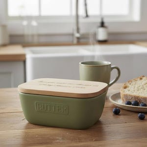 Personalised Ceramic And Oak Sage Green Butter Dish - Engraved Kitchen New Home Gift