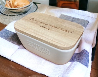 Personalised Ceramic And Oak White Butter Dish - Engraved Kitchen New Home Gift