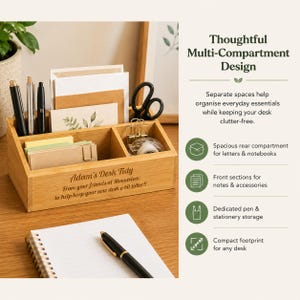 Features and benefits of customised bamboo desk tidy.