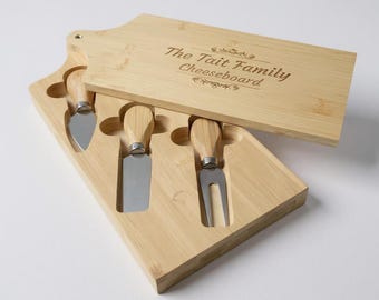 Personalised Bamboo Cheese Board with Hidden Servers – 30cm Engraved Cheese Board Set – Wedding, Anniversary or Housewarming Gift