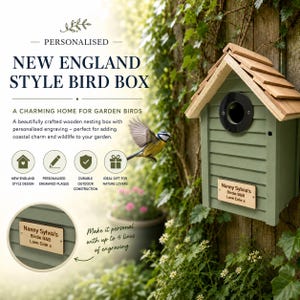 Personalised Wooden Bird House – Custom Engraved Birdhouse Gift | New England Style Garden Nesting Box