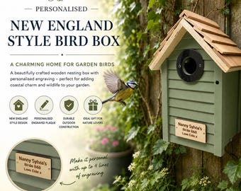 Personalised Wooden Bird House – Custom Engraved Birdhouse Gift | New England Style Garden Nesting Box