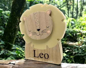 Personalised Wooden Crafted Lion Moneybox- New Born Baby, Christening,Birthday, Baptism Gift, Money Pot, Wooden Piggy Bank For Children