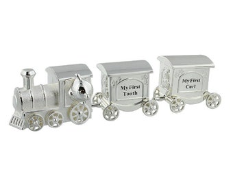 Personalised Silver Plated Train First Tooth & Curl Carriage - Christening Baptism New Born Baby Gift Engraved with A Name and Date