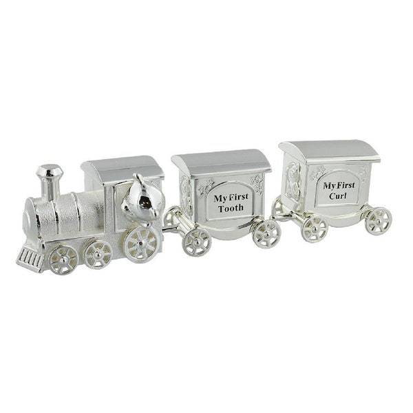 Personalised Silver Plated Train First Tooth & Curl Carriage - Christening Baptism New Born Baby Gift Engraved with A Name and Date