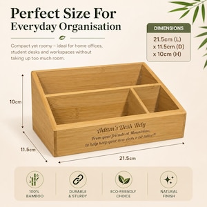 Image showing compact dimensions of bamboo desk tidy.