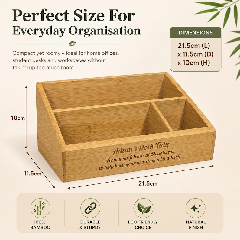 Image showing compact dimensions of bamboo desk tidy.