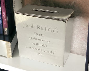 Personalised Silver Plated 8cm (H) Square Money Box Birthday Gift - Christening Baptism New Born Baby Gift - Engraved Name and Message