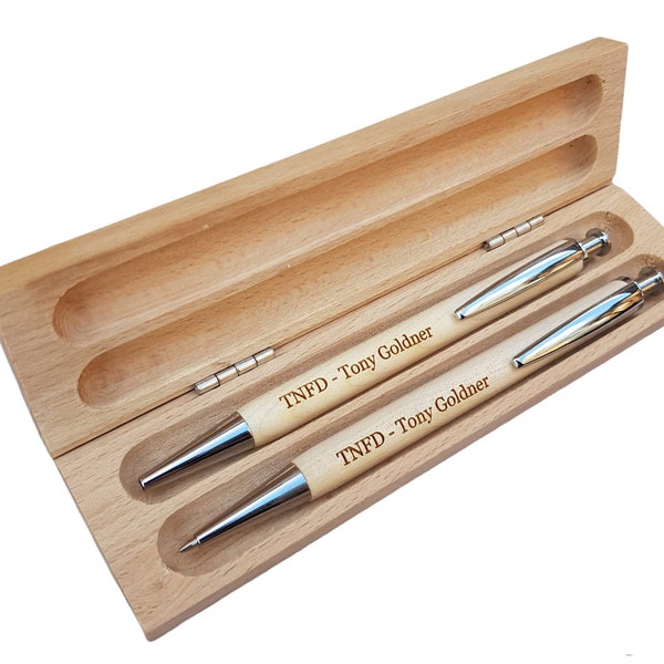 Personalised Beech Wood Ball Point Pen & Pencil Gift Set -Engraved Writing Stationary Gift