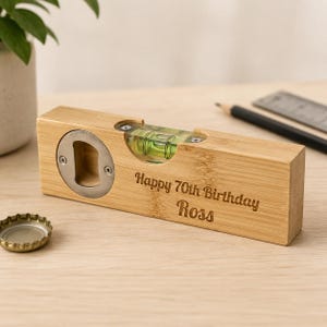 Personalised Mini Bamboo Spirit Level & Bottle Opener- Engraved Birthday Daddy Father's Day Gift
