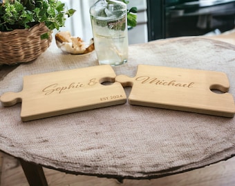 Personalised Pair Of Jigsaw Interlocking Serving Sharing Boards - Engraved Couples 5th Wedding Anniversary Gift
