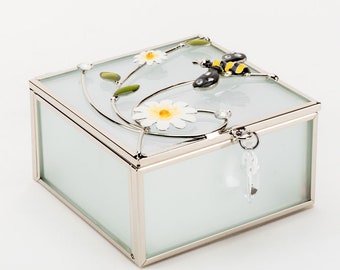 Personalised  Glass & Wire Bee Design Jewellery/Trinket box - Perfect Engraved Birthday Gift