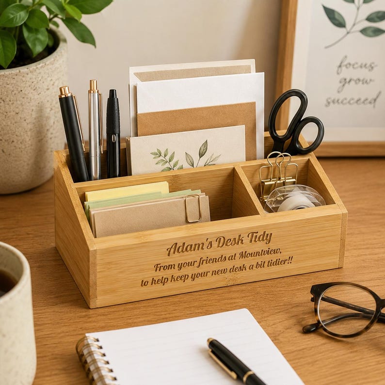 Op de afbeelding: Een bamboe bureau-organizer met meerdere compartimenten, met pennen, notitieblokken en briefpapier. De voorkant van de organizer is gegraveerd met de tekst "Adam's Desk Tidy" en een bericht. Zwarte schaar en plakband zijn ook zichtbaar.