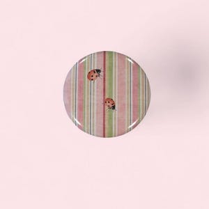 May include: A round button with a striped pattern in shades of pink, green, and white. Two small ladybugs are featured on the button's surface. The button has a glossy finish and is set against a soft pink background.