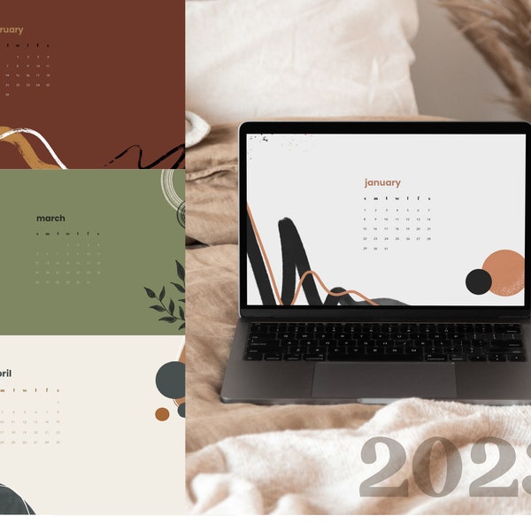 2023 Boho Dark Neutral Designed Monatlicher Desktop-Kalender | Digitale Tapete | Computer Wallpaper | Hintergrundbilder | Digitaler Kalender