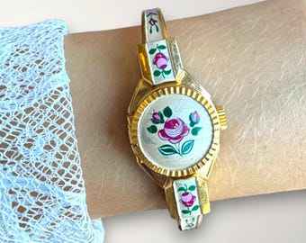 Vintage Swiss Made Rosa und Gold Blumen Peekaboo Uhr
